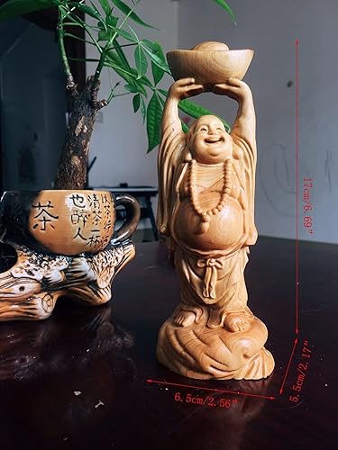 Miniatura 2 de Estatua de madera maciza de Feng Shui de Buda riendo sosteniendo lingote, figuras chinas de Buda feliz, riqueza suerte, decoración de oficina en