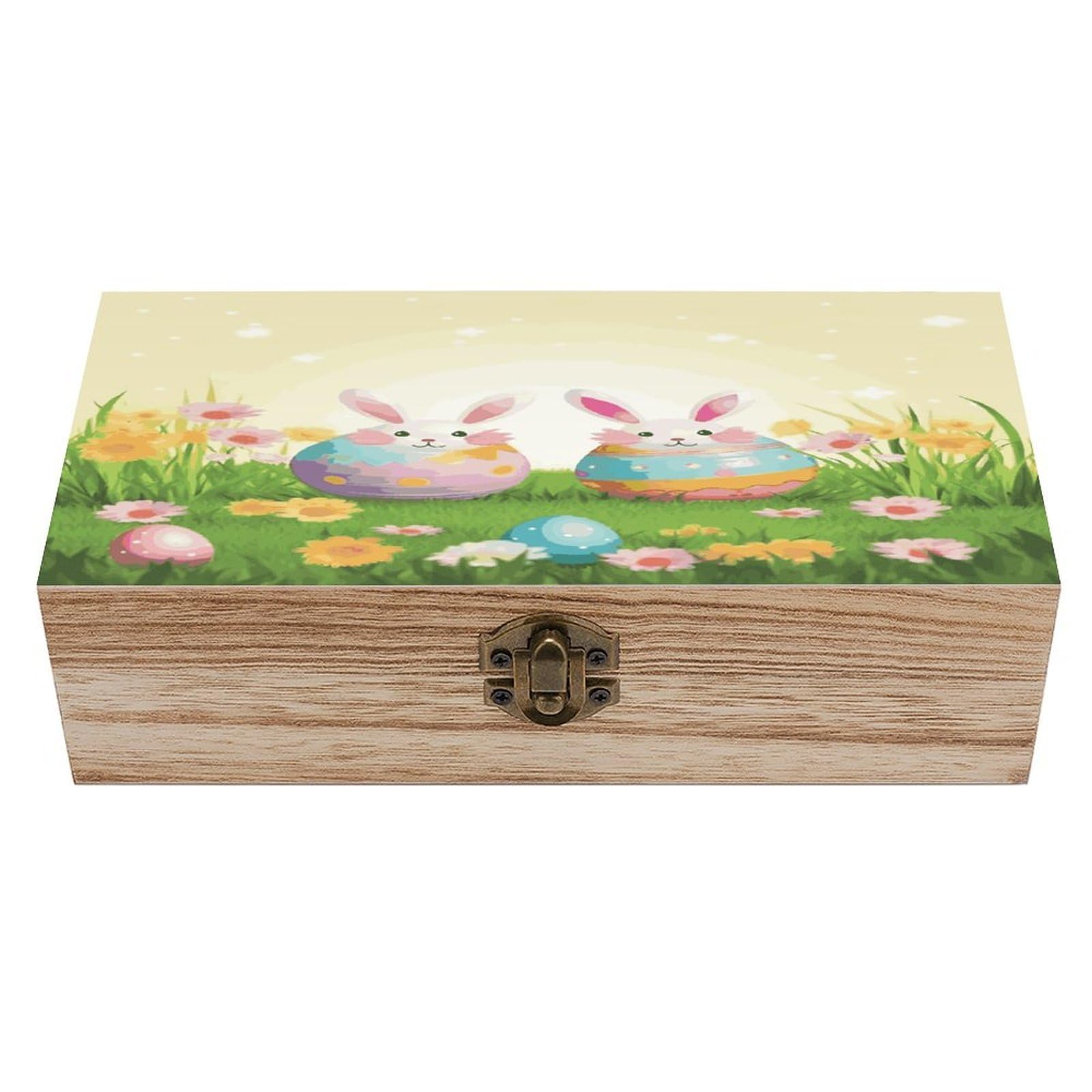 Btcowzrv Style Happy Easter Day Wooden Storage Box, Keepsake Box With Hinged And Retro Lock, Wood Jewelry Organizer For Photos & Mementos And Home Decor