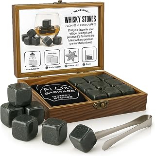Whisky Stones Gift Set | 9 Whisky Stones | Whisky Stone Gift for Dad, Men | Whisky Stone Gift Set with Wooden Box | Granite Whisky Stones