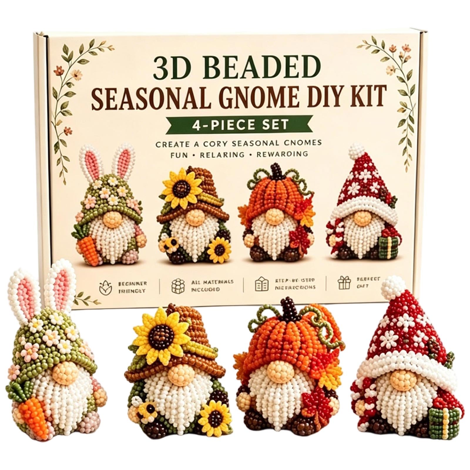 3D Beaded Gnome Craft Kit 4-Pack Mini Gnome Beading Set DIY Handmade Bead Art Set for Adults Beginner-Friendly Craft Activity with Full Materials & Instructions