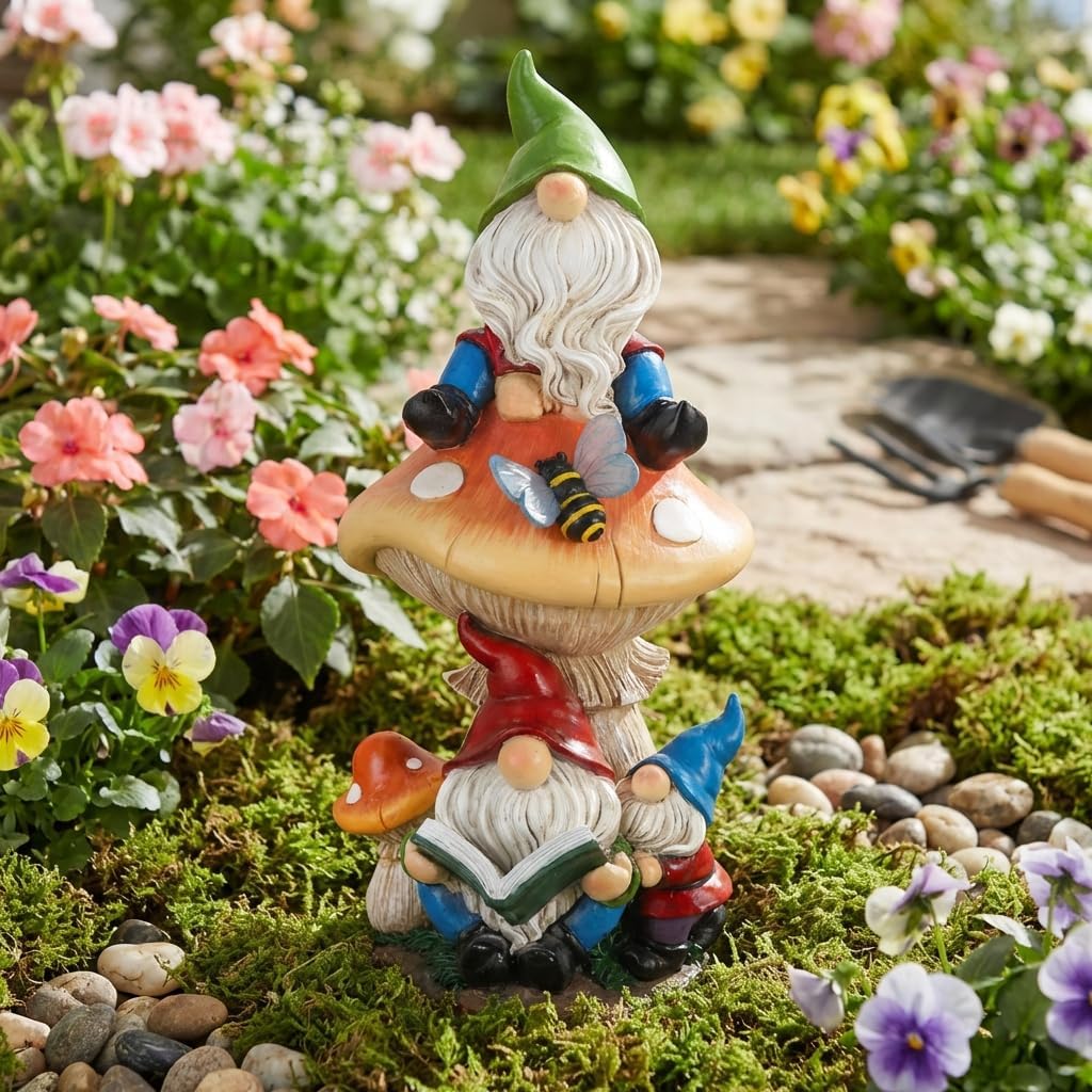 TERESA'S COLLECTIONS Garden Gnomes Statues Decorations for Yard with Solar Lights, Resin Gnome on Mushroom Reading Garden Decor Outdoor for Patio Lawn Ornaments,Ideal Gifts for Mom, 12.6"