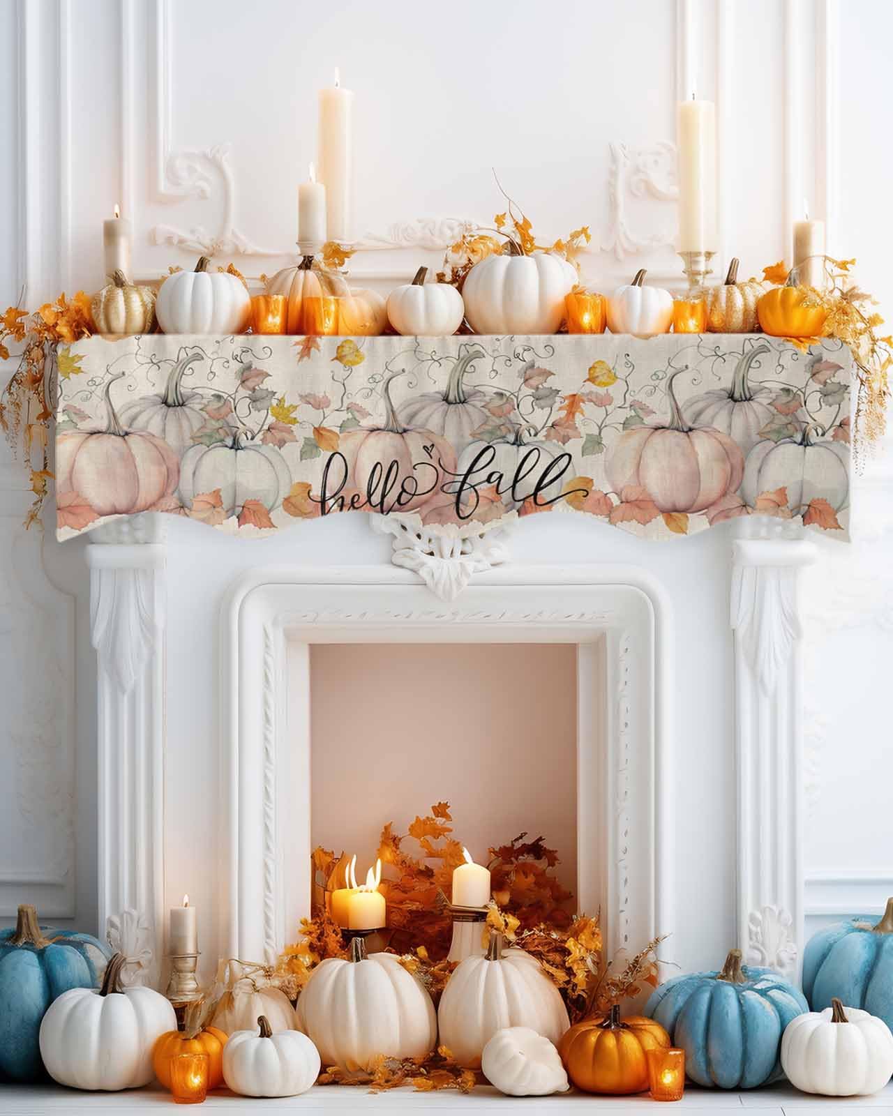 EwdeWwo Fall Mantel Scarf For Fireplace - Blue Leaf Pumpkin Wood Grain, 17 X 90 Inch, Thanksgiving & Autumn Decor - View #11