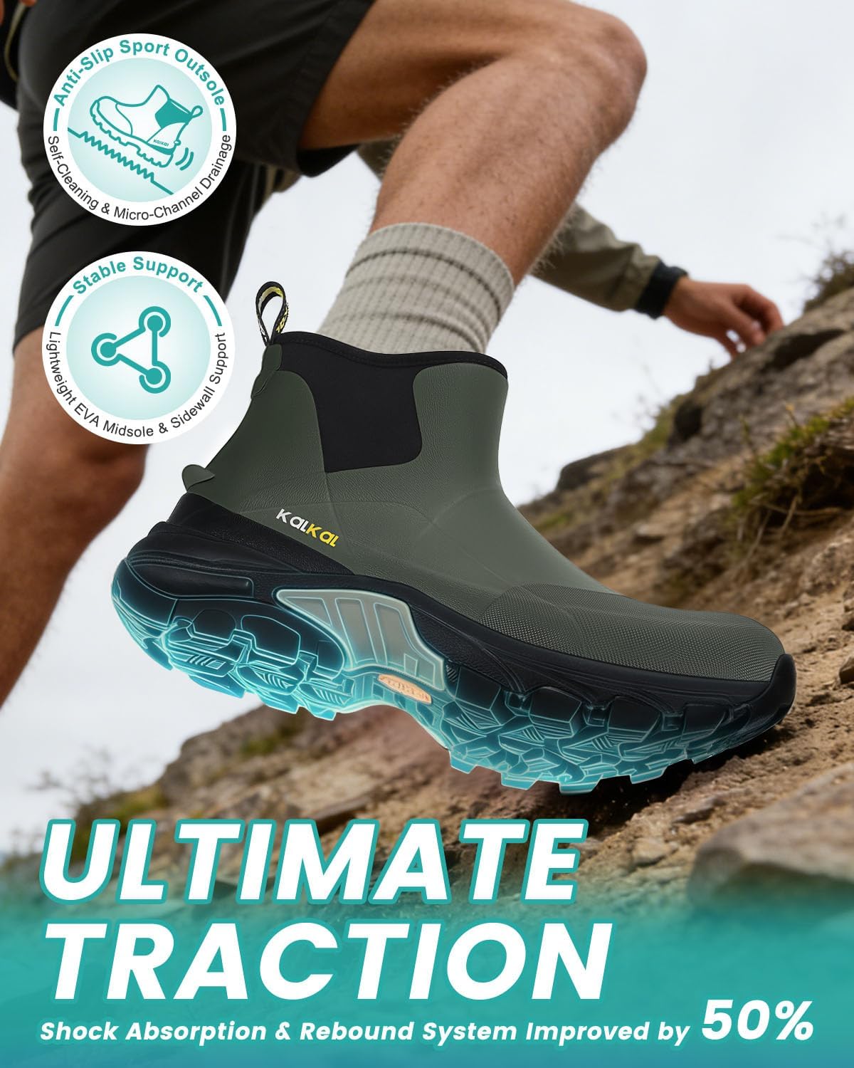 Kalkal Men's Rubber Boots Waterproof Ankle Rain Fishing Boots with Shock Absorption Sports Sole, Comfort Outdoor Mud Boots for Casual Yard Work