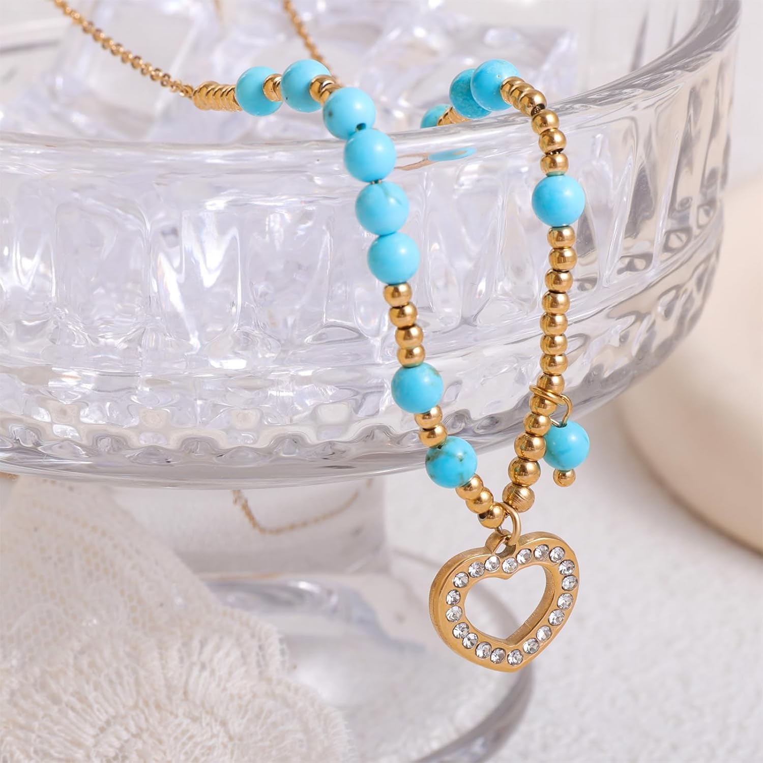 Natural Stone Beads Necklace for Female 18K Gold Plated Heart/Pearl Pendant Gemstone Jewelry Gift for Women