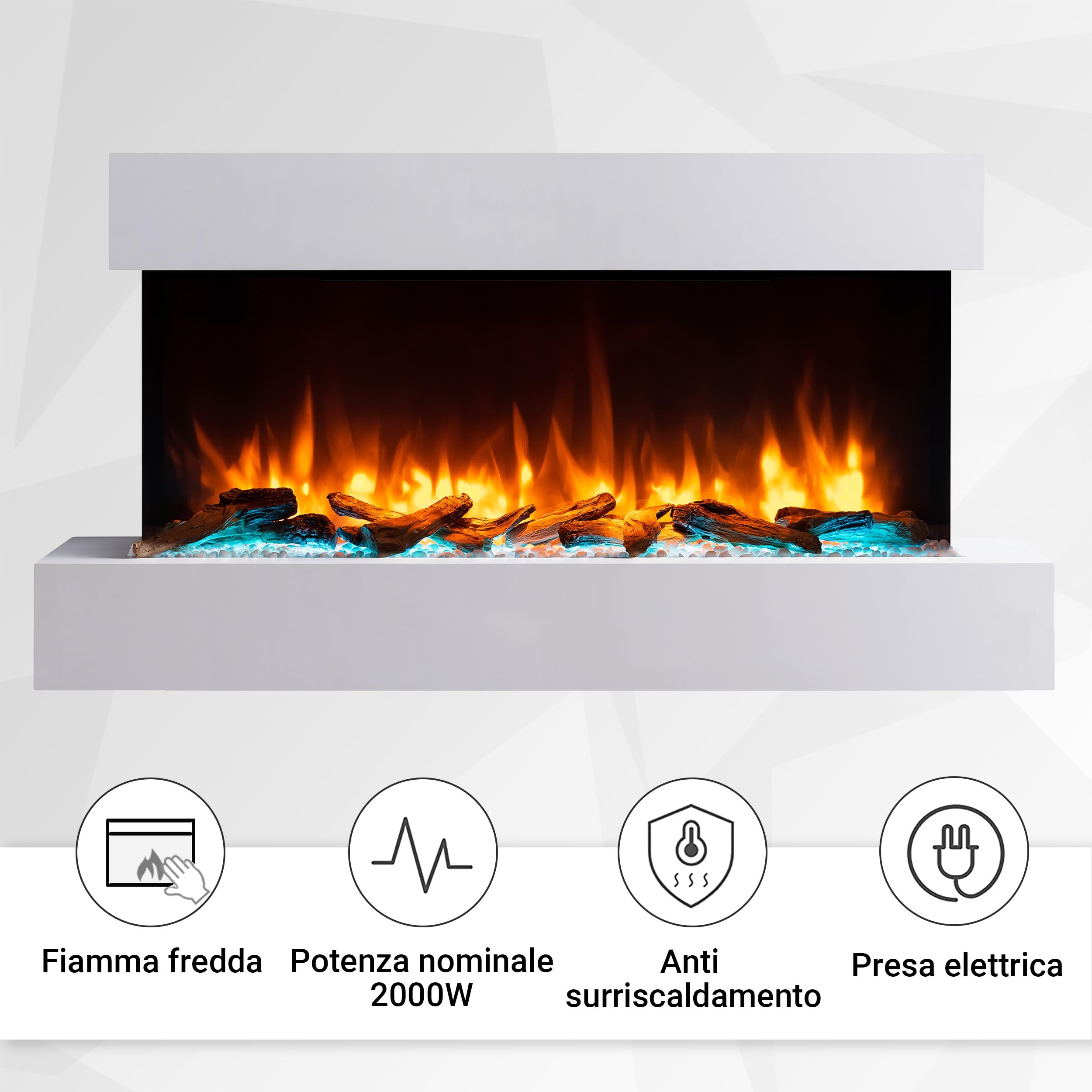 BALDERIA Camino Elettrico da Parete | Caminetto con Effetto Fiamma 3D | Riscaldamento 2000 W | Focolare Sospeso con Telecomando, Timer, Termostato | Bianco