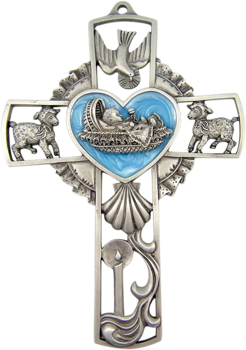 Cross Pewter Baby Baptism Wall with Blue Epoxy Heart Center, 5 1/4 Inch