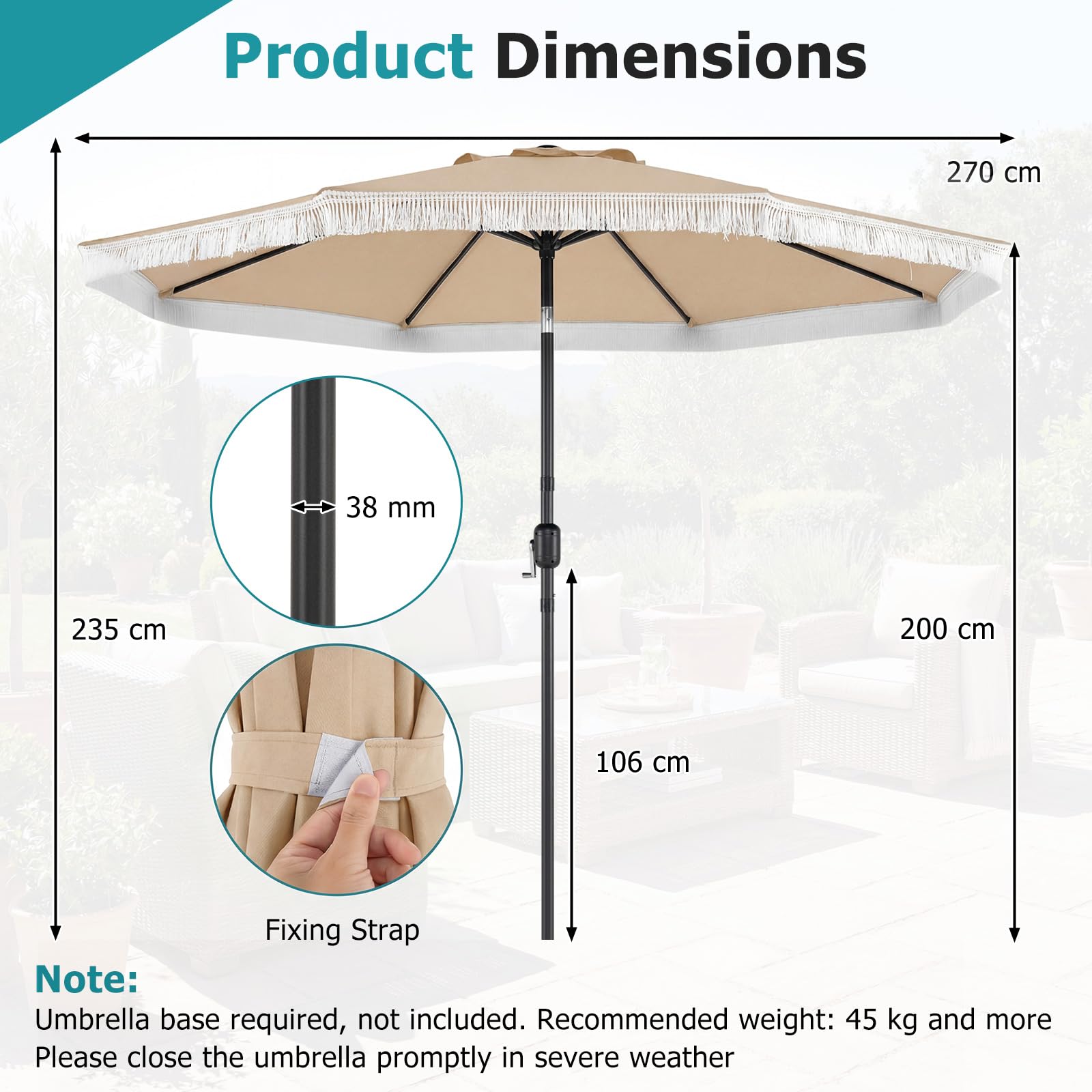FANTASK Sonnenschirm 270 cm, Boho Gartenschirm mit Fransen, Balkonschirm rund mit Kurbel, beidseitig um 30° knickbar, UV-Schutz Gartenschirm, Balkonschirm für Balkon, Garten, Strand Pool (Beige)