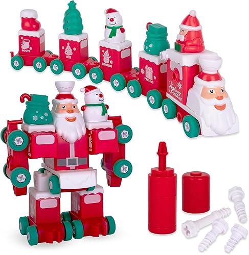 ArtCreativity Juguete transformador de Papá Noel, 73 piezas con función de construcción STEM, juguete de tren de Papá Noel para niños de 5, 6, 7, 8,