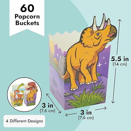 Miniatura 3 de BLUE PANDA Cajas de palomitas de maíz de dinosaurio, paquete de 60, multicolor, 4 diseños, cajas de palomitas de maíz a granel para suministros de