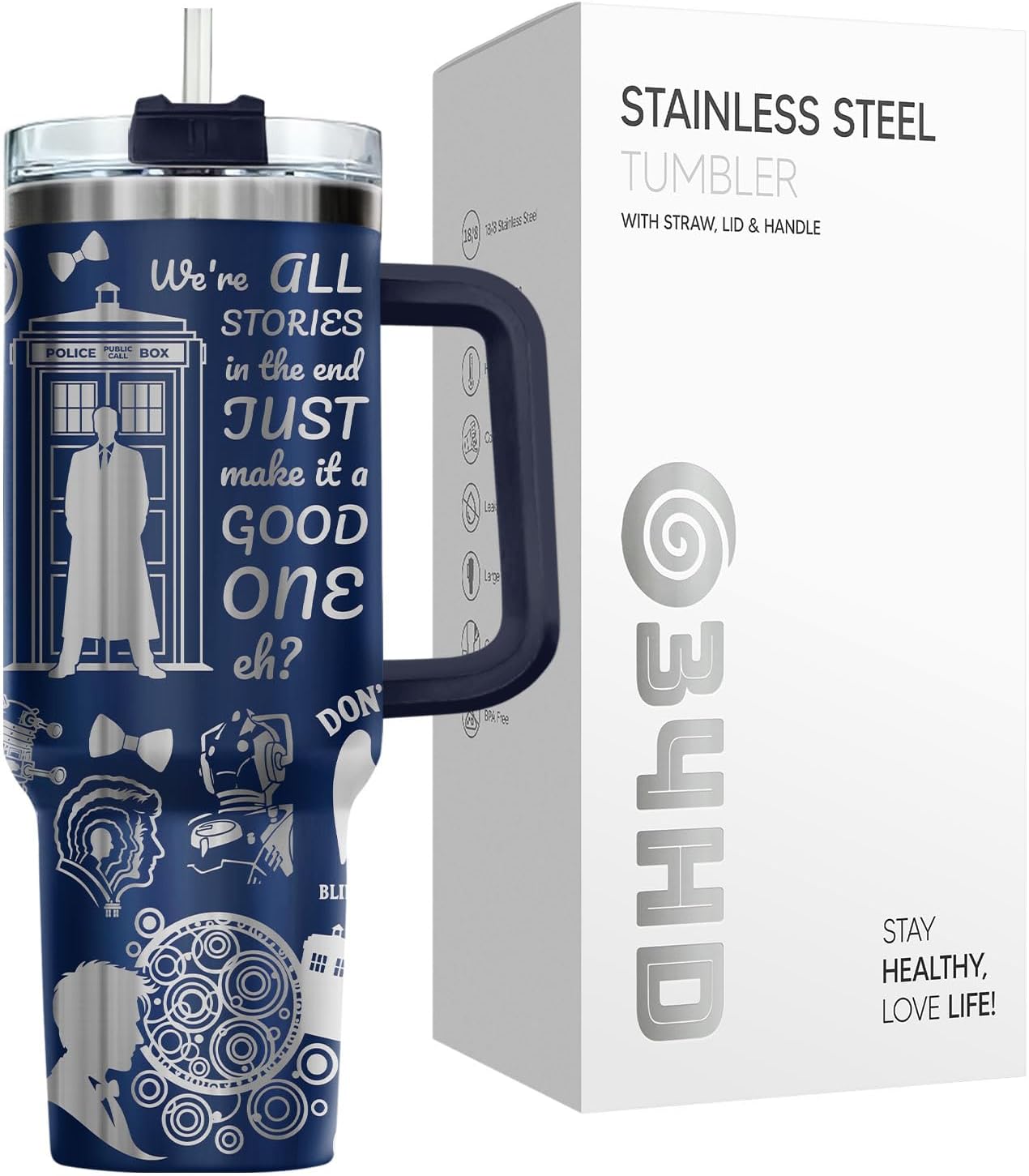 34HD Novelty Police Box Laser Engraved Tumbler 40oz with Handle and Straw, Bigger on the Inside Space Travel Coffee Cup- Navy Blue Insulated Stainless Steel Travel Mug on Birthday for Sci-Fi Fans