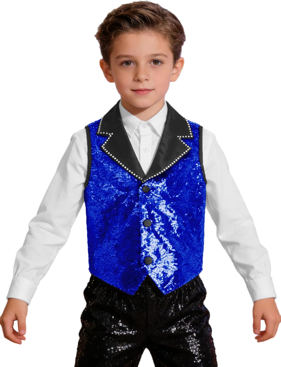 Kids Boys Sequin Lapel Jacket Formal Suit Vest Jazz Hip Hop Street Dance Top Waistcoat Outerwear Coat