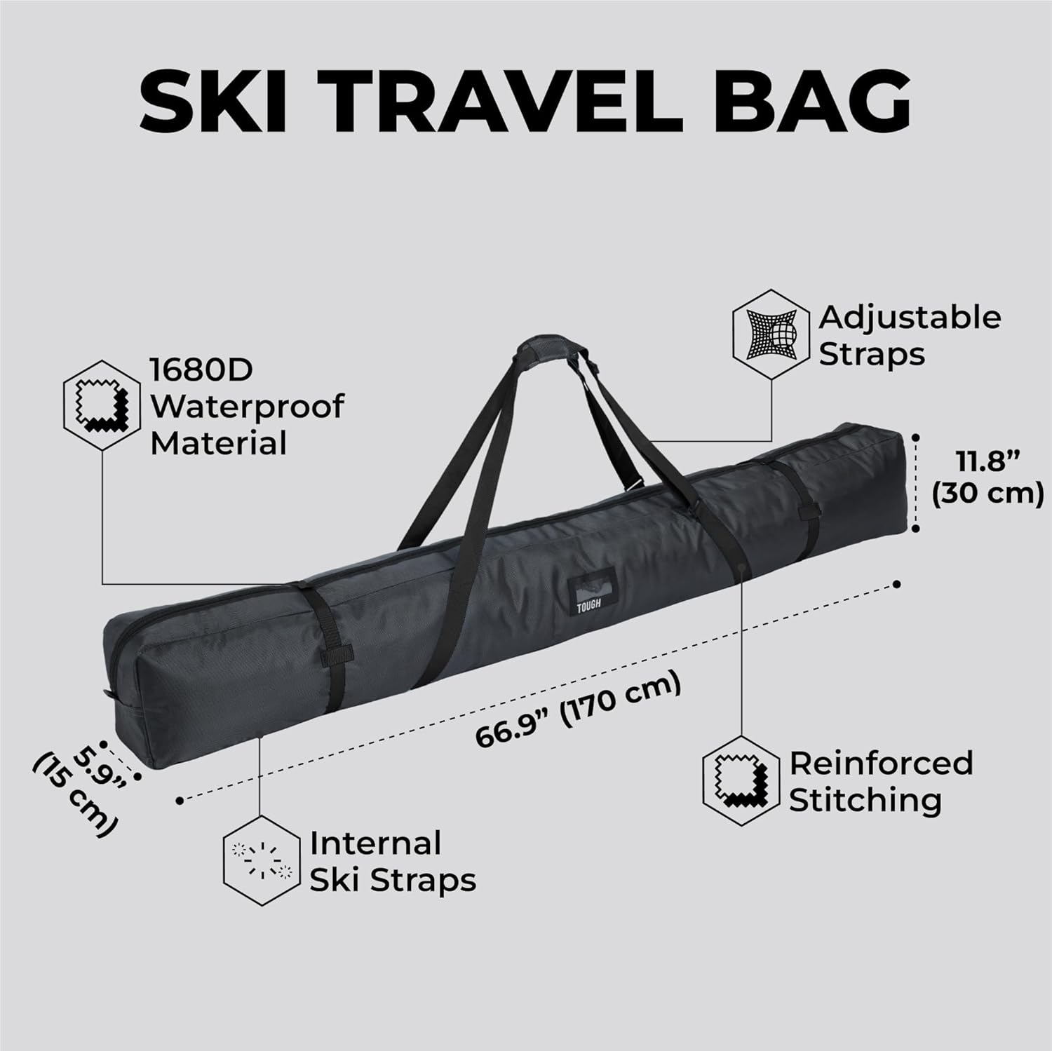 Tough Outfitters 170cm/190cm Ski Bag for Men and Women - Ski Bag for 1 Pair of Skis and Poles with Zipper, 2 Straps with Buckles and Carrying Handle