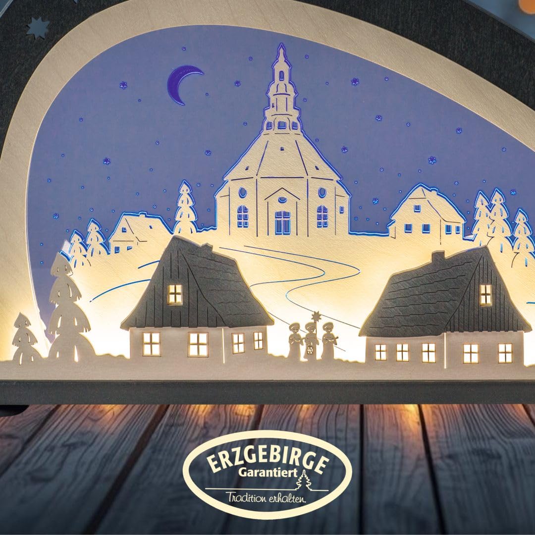 weigla - Schwibbogen original Erzgebirge I Motiv Seiffen I LED-Lichterbogen Weihnachten I Größe 66 x 33,8 x 6 cm I Inklusive Beleuchtung I beleuchtete Weihnachtsdeko innen I aus Holz
