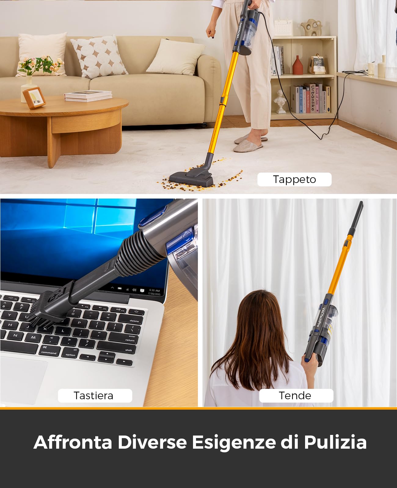 VACTechPro 60KPa/680W/7M Aspirapolvere con Filo, Aspirapolvere con 800ml Pattumiera, Scopa Elettrica con Filo con Design a Doppia Maniglia, Scopa Elettrica con Filo Potente per Pavimenti, Arancione