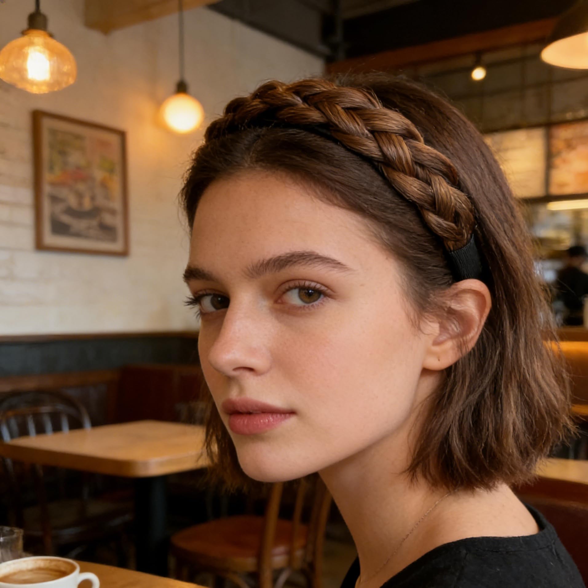 Serre-tête Tressé Large pour Femmes et Filles, Bandeau Cheveux Tressage Bohême avec Dents Antiglisse, Accessoire de Coiffure Synthétique, Châtain Clair