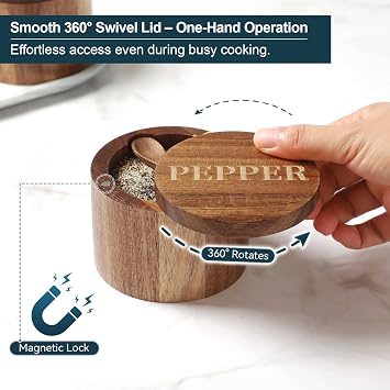 Timtopno Acacia Wood Salt Cellar & Pepper Box Set with Built-in Spoon and Swivel Lid Elegant Engraved Salt Container for Countertop Storage