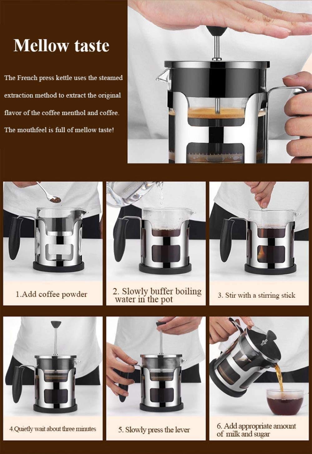 Pote de prensa francesa, conjunto de ollas de café de mano, equipo de vidrio para el hogar y equipo de café, filtración de 4 niveles, borosilicato resistente al calor Café de vidrio prensa ma