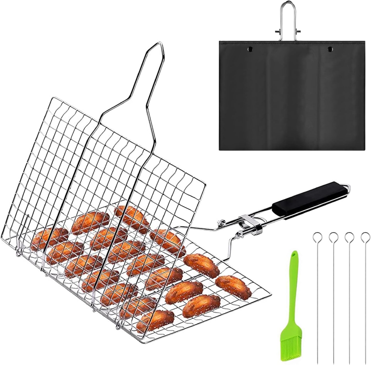 Homury Stainless Steel Fish Roasting Basket with Removable Handle with Baking Brush, 4 Metal Skewers and Storage Bag