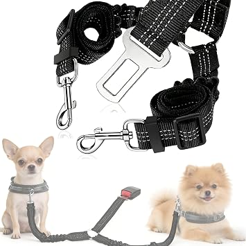 Double Dog Seat Belt, 70cm Adjustable Elastic Dog Car Harness Seatbelt Nylon with Anti-Shock Bungee Buffer, 2-in-1 Heavy Duty Dog Seat Belts for Cars UK, Pet Safety Restraint for Travel & Daily Use