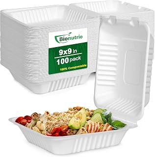 9x9 Take Out Food Containers With Lids, 100 Pack, Biodegradable