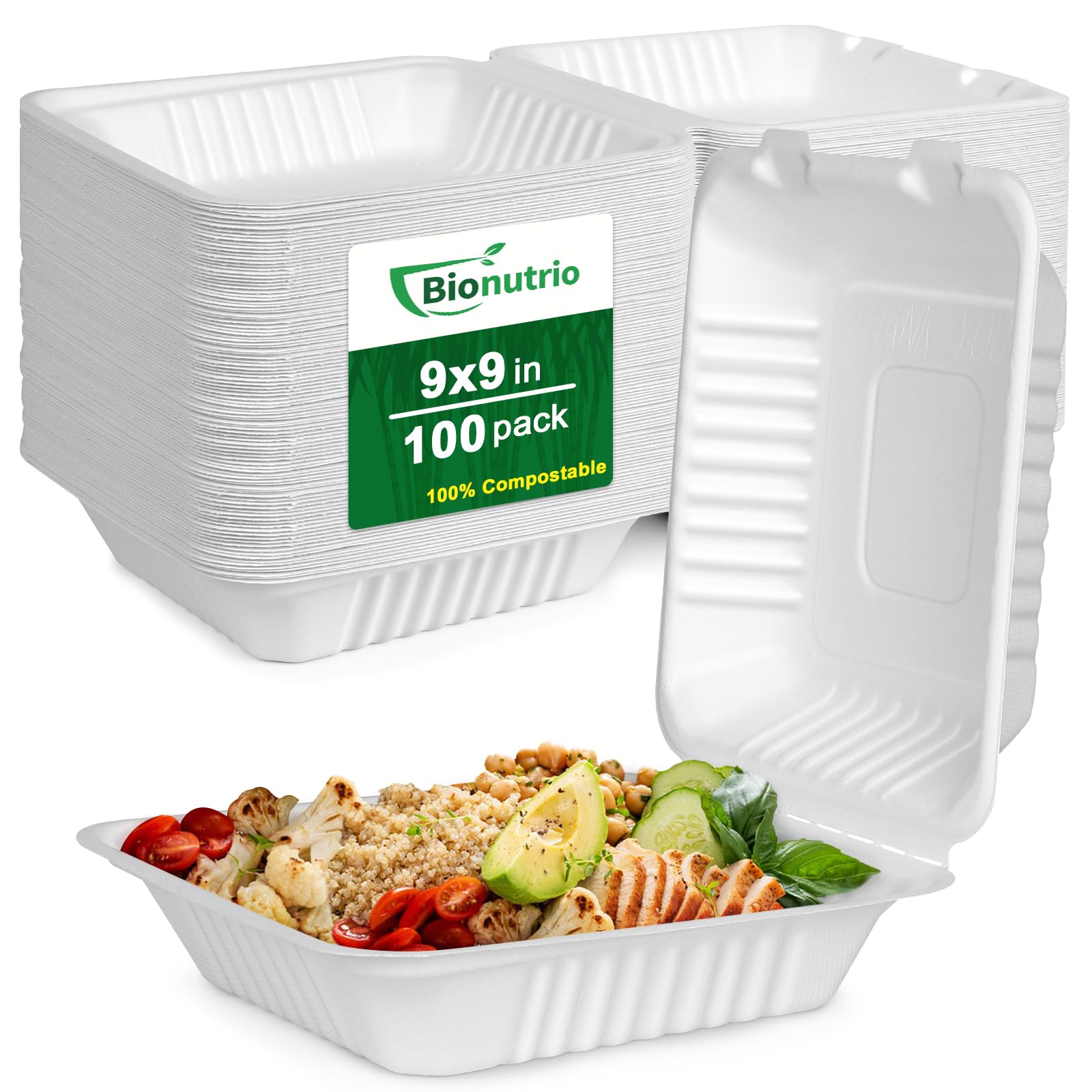 Recipientes de comida para llevar con tapas, paquete de 100 recipientes de concha para llevar, contenedores de transporte de 9 x 9 para alimentos, cajas biodegradables ecológicas, biodegradables