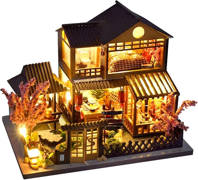CUTEBEE DIY Miniature Dolls House Kit, Wooden DollHouse with Furniture and LED Light, Model kits for adults to build, 1:36 Scale Creative Mini Room Idea (Japanese Garden House)