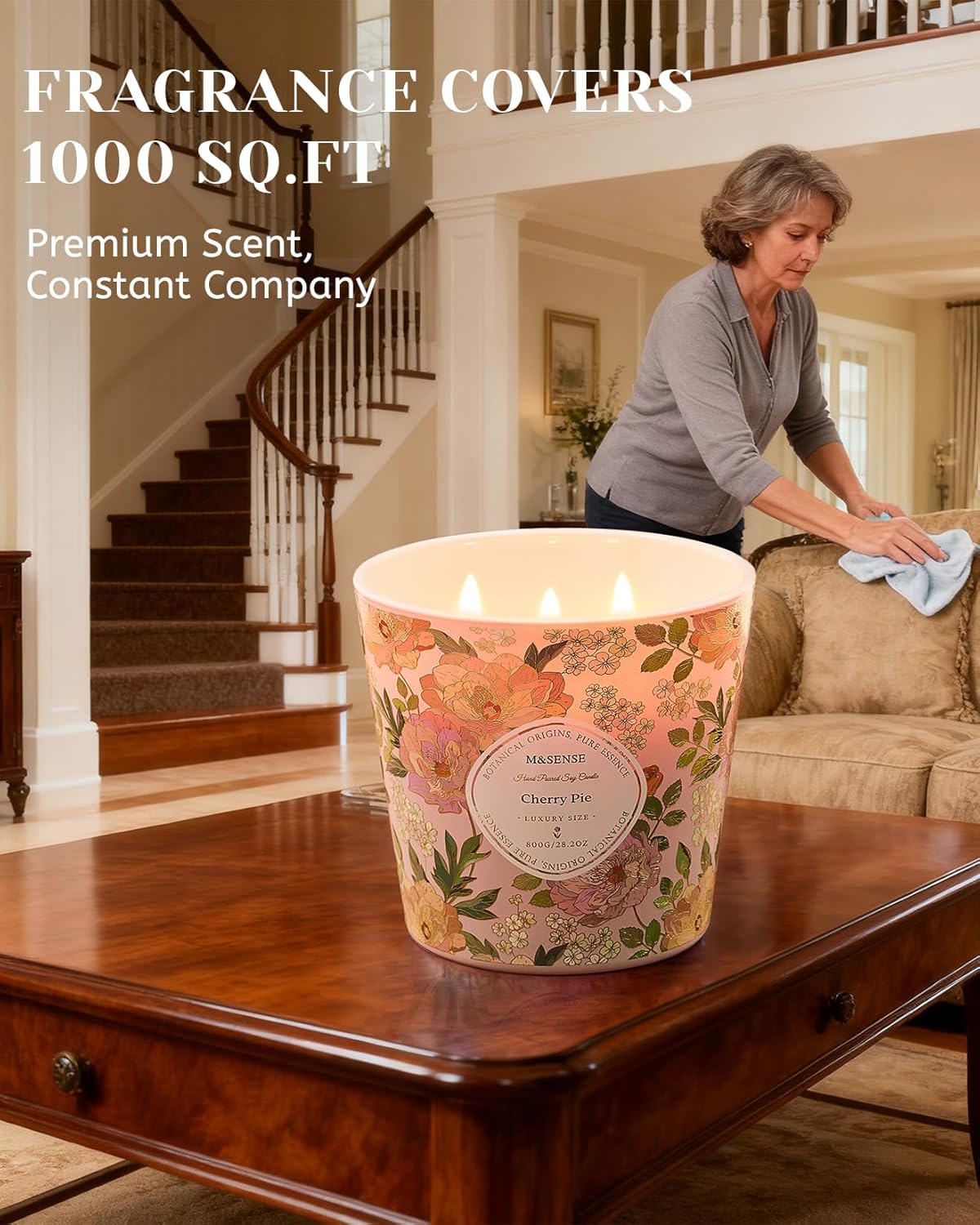 M&SENSE Cherry Pie Scented Candle, 28.2oz 3 Wick Natural Soy Wax Large Candles, Long Lasting Clean Slow Burning No Toxic Décor for Home Relaxation, Romantic Dates & Gift-Giving - Image 6