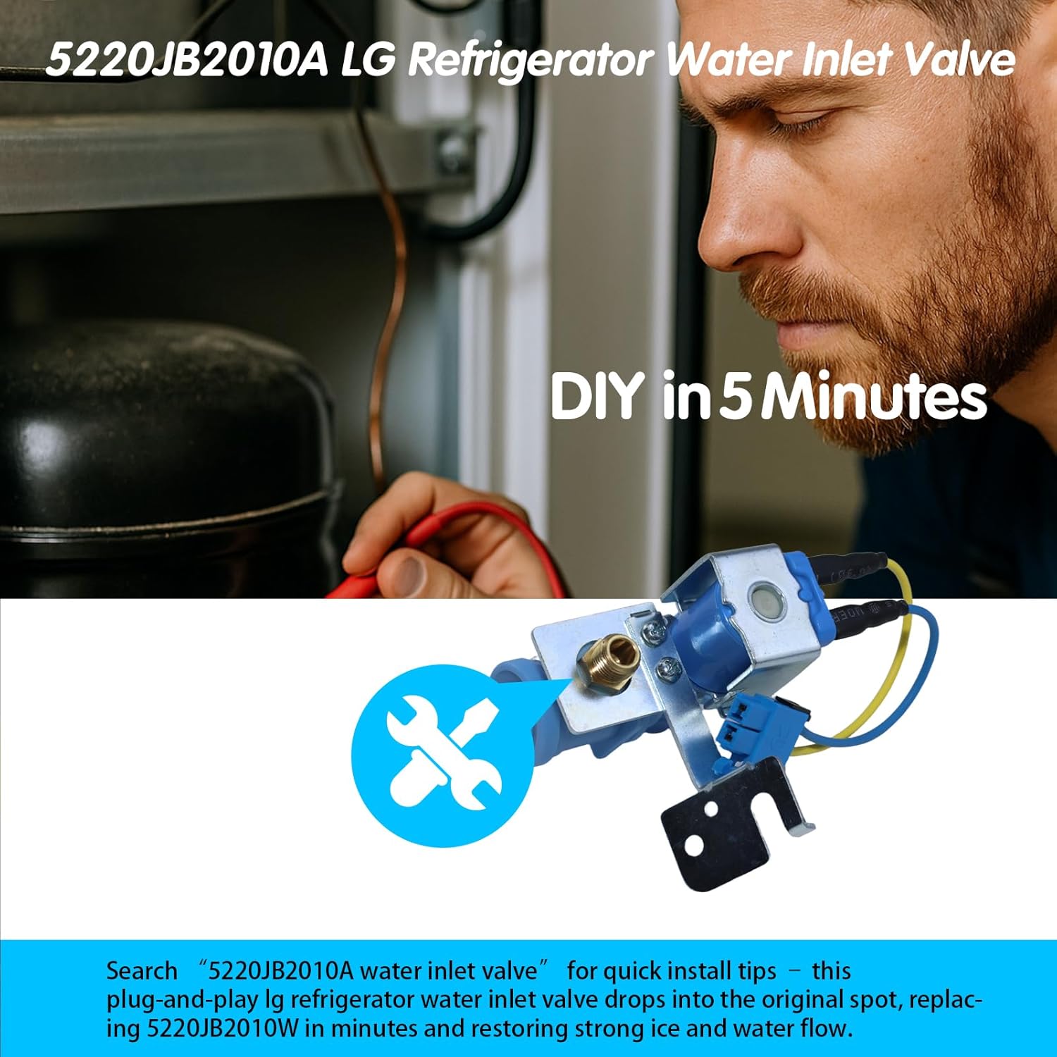 5220JB2010A LG Refrigerator Water Inlet Valve, Replaces 5220JB2010W, Kenmore Refrigerator Water Valve, for GE Fridge Inlet Part, Single Solenoid Replacement Assembly for Ice Maker and Dispenser