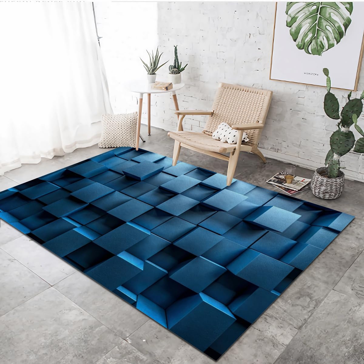 Tapis Poils Ras Lavable Bleu Salon Moquette Géométrie Intérieur 80x150
