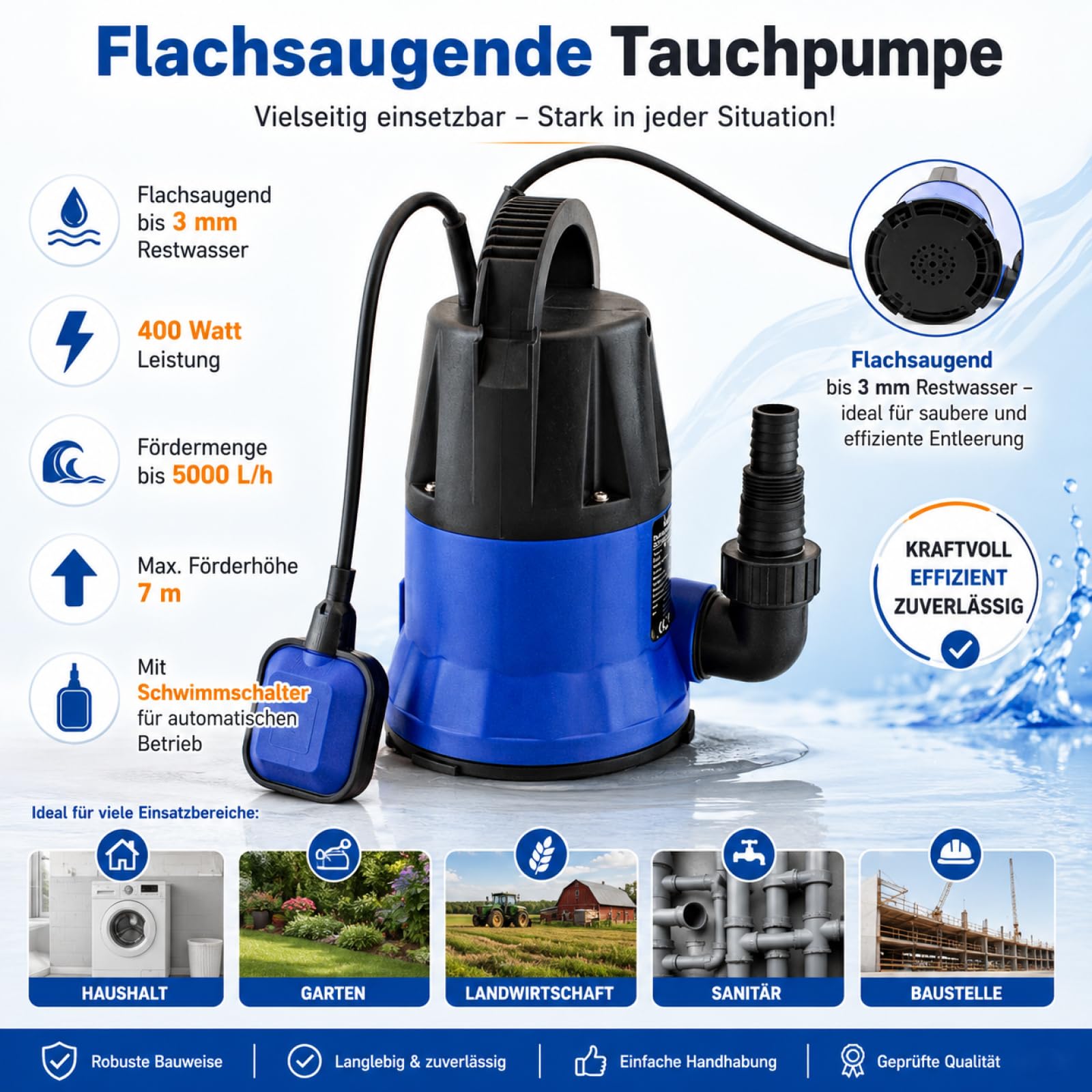 BITUXX® Flachsaugende 400W Schmutzwasser Tauchpumpe für Brunnen Zisterne Bewässern Garten Regentonne Bis 5000 Liter/h 1,0-1,5 Zoll Förderhöhe 7 Meter