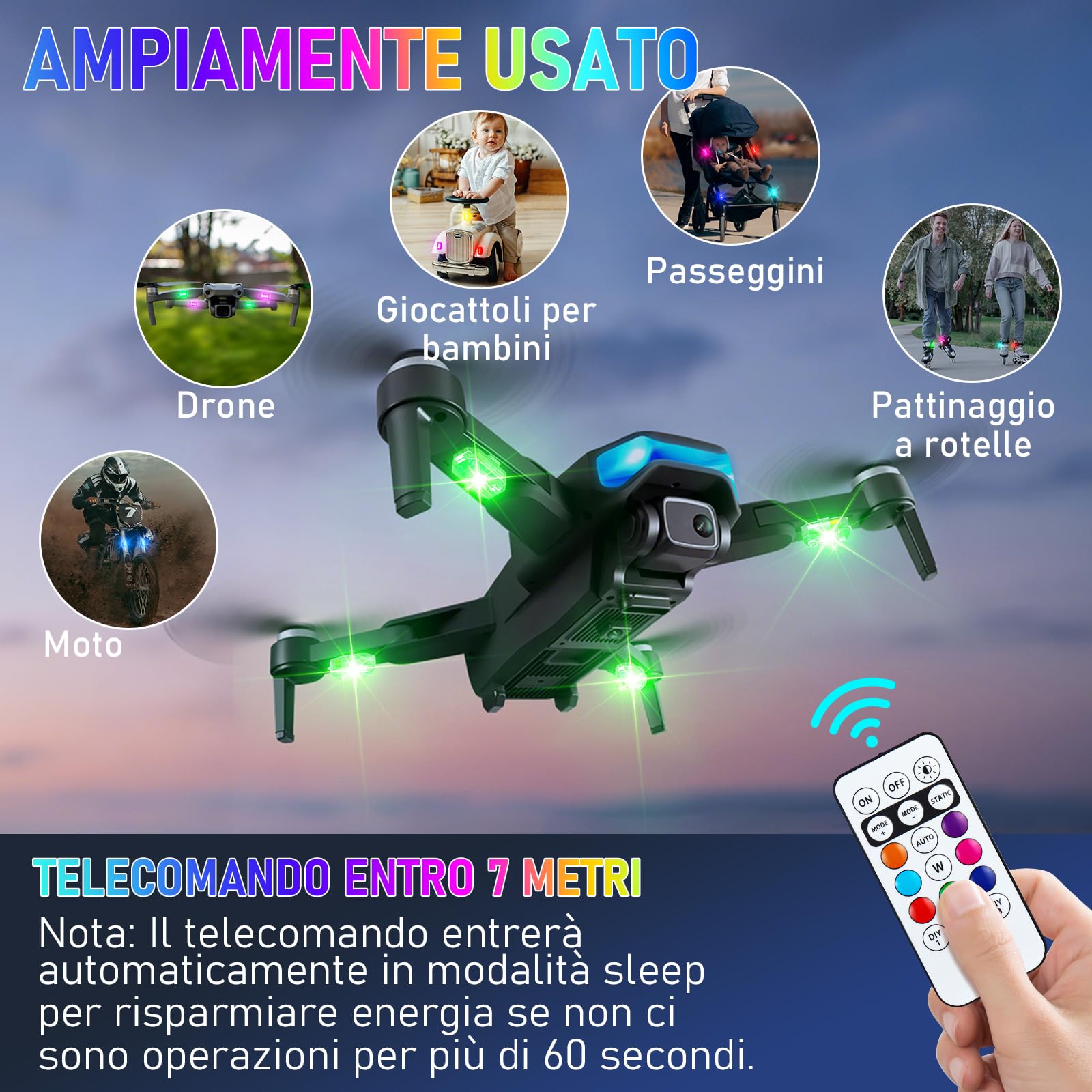 4 Pcs Luce Stroboscopica del Drone con Telecomando, 8 Colori Ricaricabile Luci di Segnalazione per il Volo Notturno per Auto Camion Moto Bici