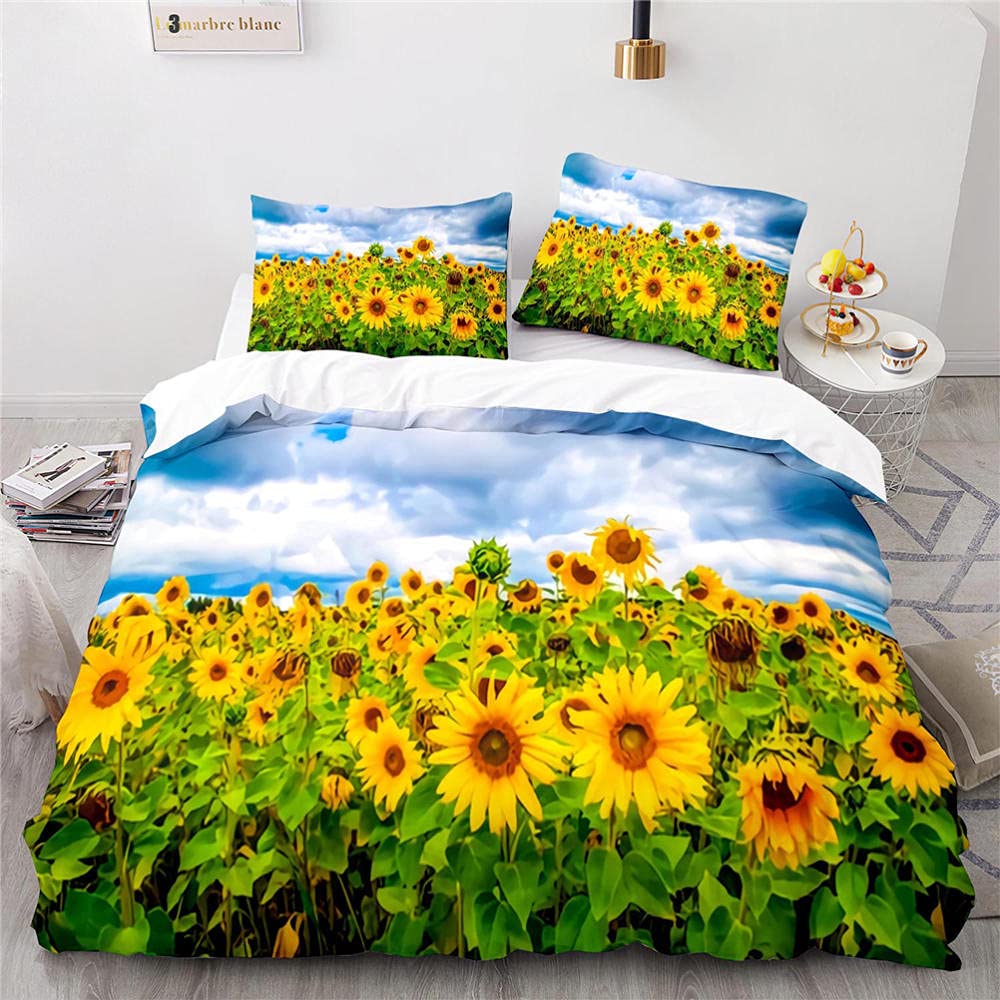 Housse de couette 220x240 tournesol avec 2 taies d'oreiller pour lit 2 personnes