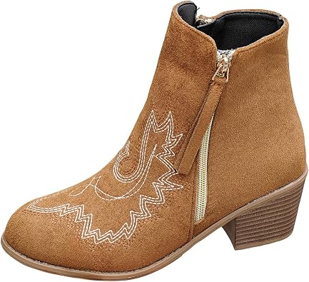 IWIHMIV Short Boots for Women Embroidery Round Toe Low Heel Boots with Side Zipper Casual Retro Ankle Booties