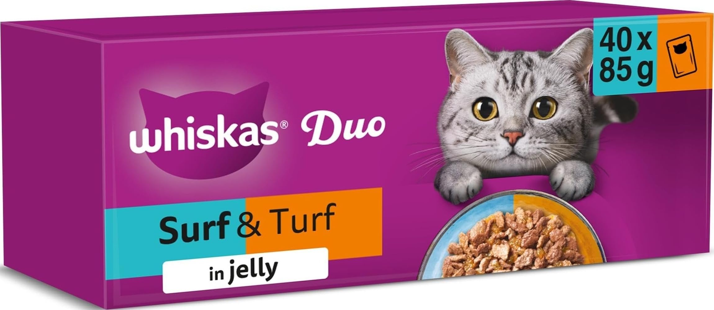 40 x 85g Whiskas 1+ Duo Surf & Turf Mixed Adult Wet Cat Food Pouches in Jelly