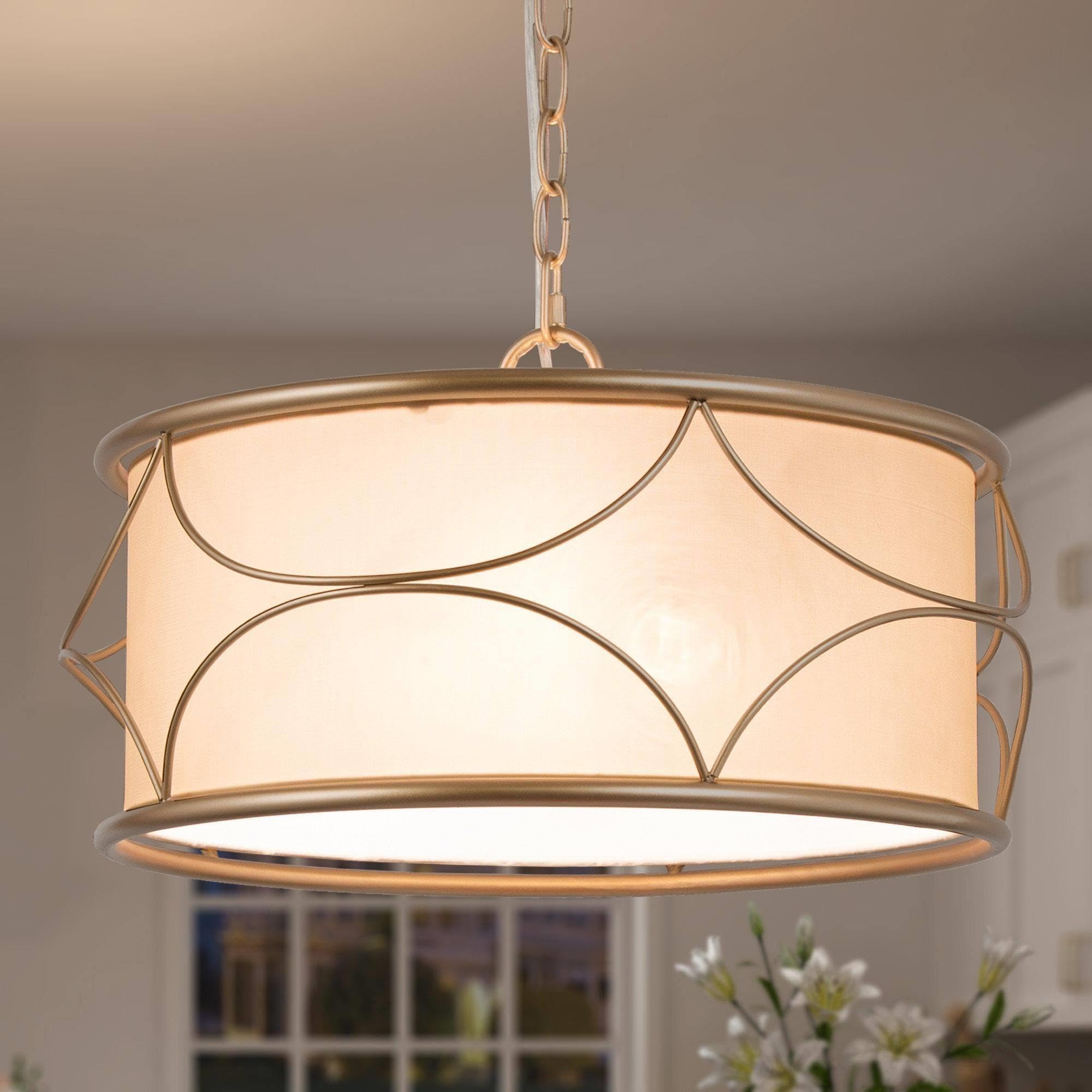 HYDELITE Brass Drum Pendant Light 3-Light Dining Table Fixture with ...