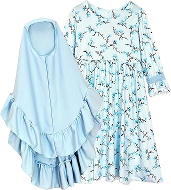 Girls 2 Piece Muslim Dress with Hijab Islamic Kids Traditional Eid Pleated Dresses Toddler Lace Flower Prayer Clothes