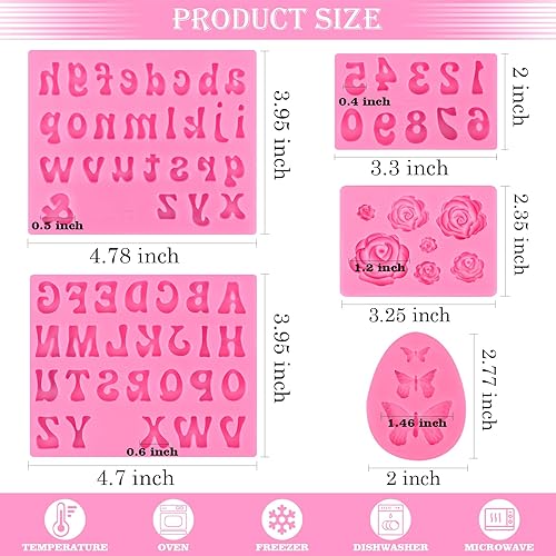 Miniatura 4 de Actvty Moldes de silicona con letras para chocolate, 5 moldes de chocolate con letras mayúsculas y letras minúsculas y números de flores y mariposas