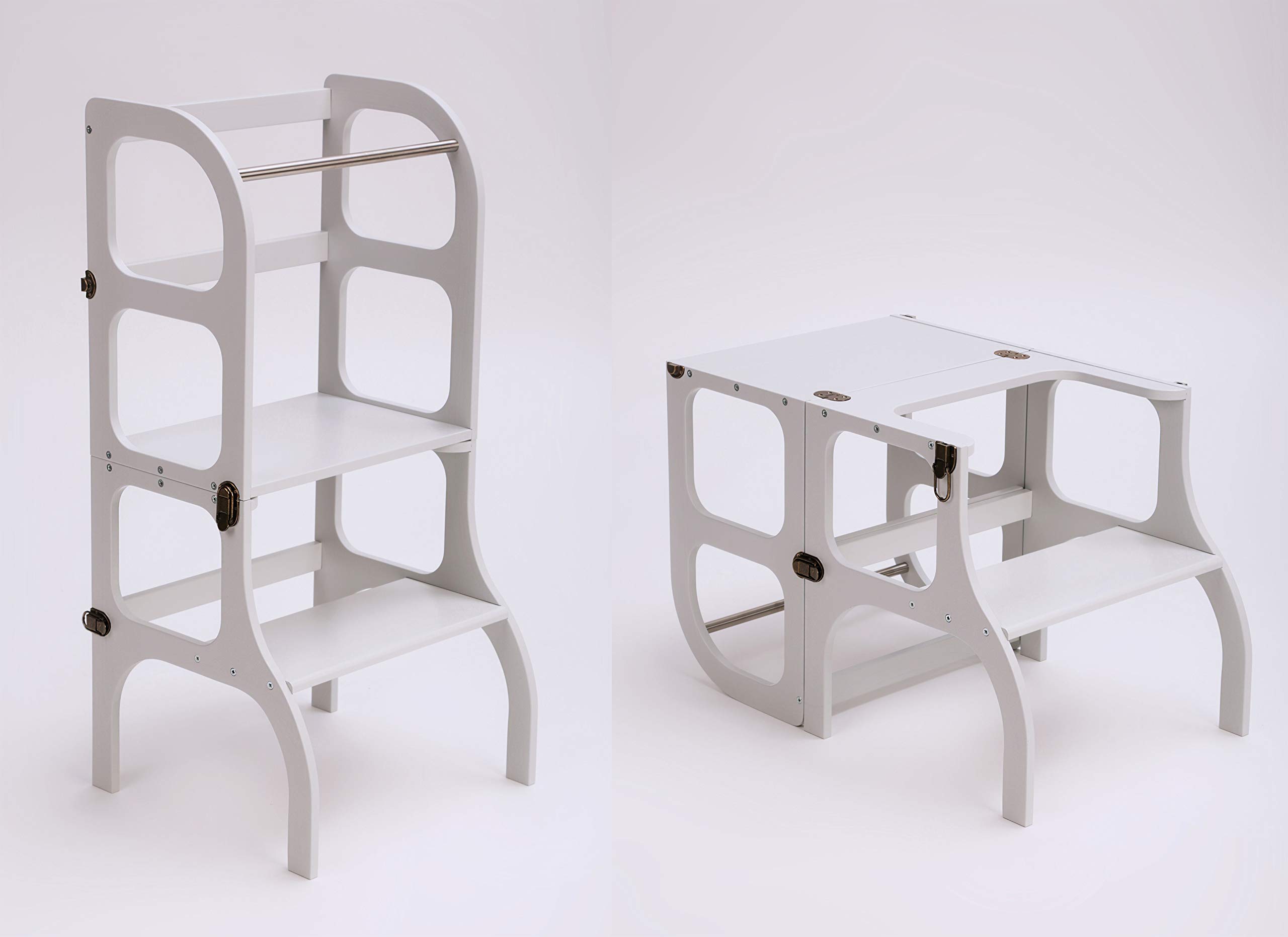 Ette Tete STEP'n'SIT® • Montessori Helper Tower - Table • Convertible 2-in-1 (grey colour, with brass clasps)