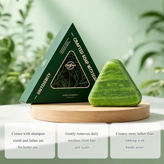 2 Pcs Nature Triangle Shampoo Bar,Solid Green Soap Shampoo Bars with Foaming Nets,Gentle Cleansing & Improve Frizziness Hair for Women and Men