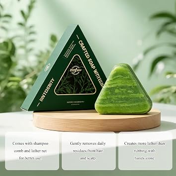 2 Pcs Nature Triangle Shampoo Bar,Solid Green Soap Shampoo Bars with Foaming Nets,Gentle Cleansing & Improve Frizziness Hair for Women and Men