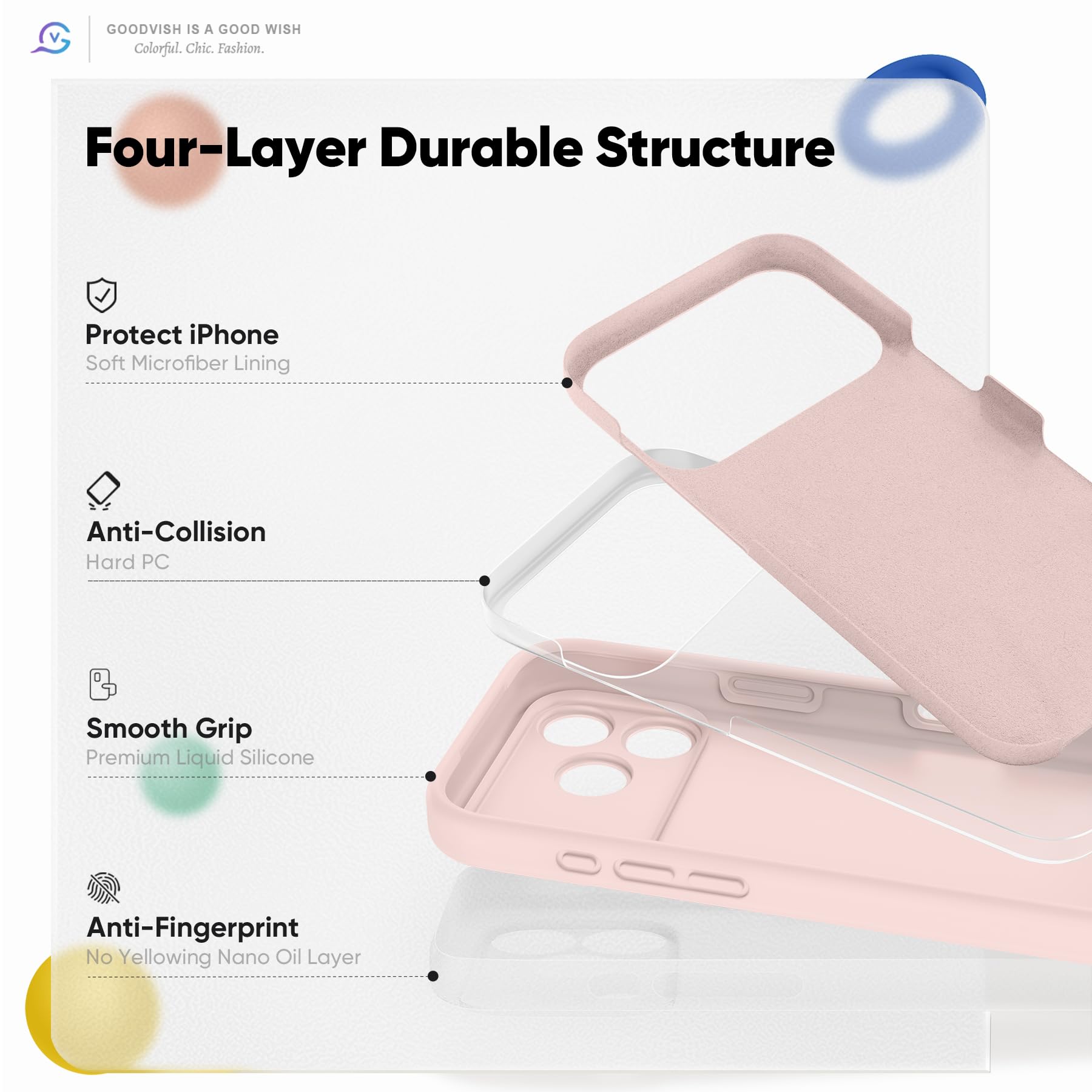 GOODVISH Silicone Cover per iPhone 17 Pro 6.3", Custodia con 2x Vetro Temperato [Pulsante Controllo Fotocamera] 360° Protezione Anticaduta Case per Cellulare Antiurto Resistente, Rosa Sabbia