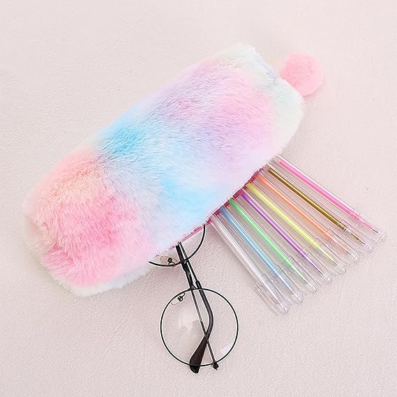 2 Plush Pencil Cases, Cute Rainbow Pencil Case, Soft Pencil Bag Large Capacity Stationery Storage Bag, Girly Stationery Pen Case, Children Plush Pen Case,Pencil Cases Girls (Pink, Purple)