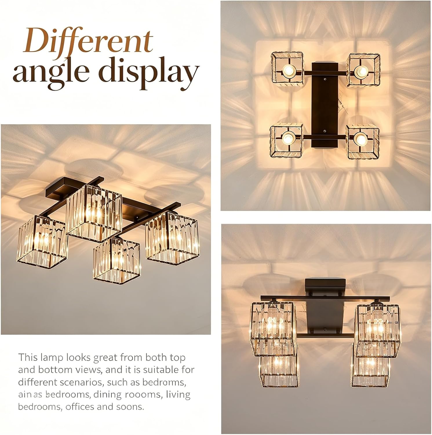 Flush Mount Ceiling Light Crystal Shade Chandelier Modern Lighting Fixture for Bedroom Living Room Dining (4 Lights Black)