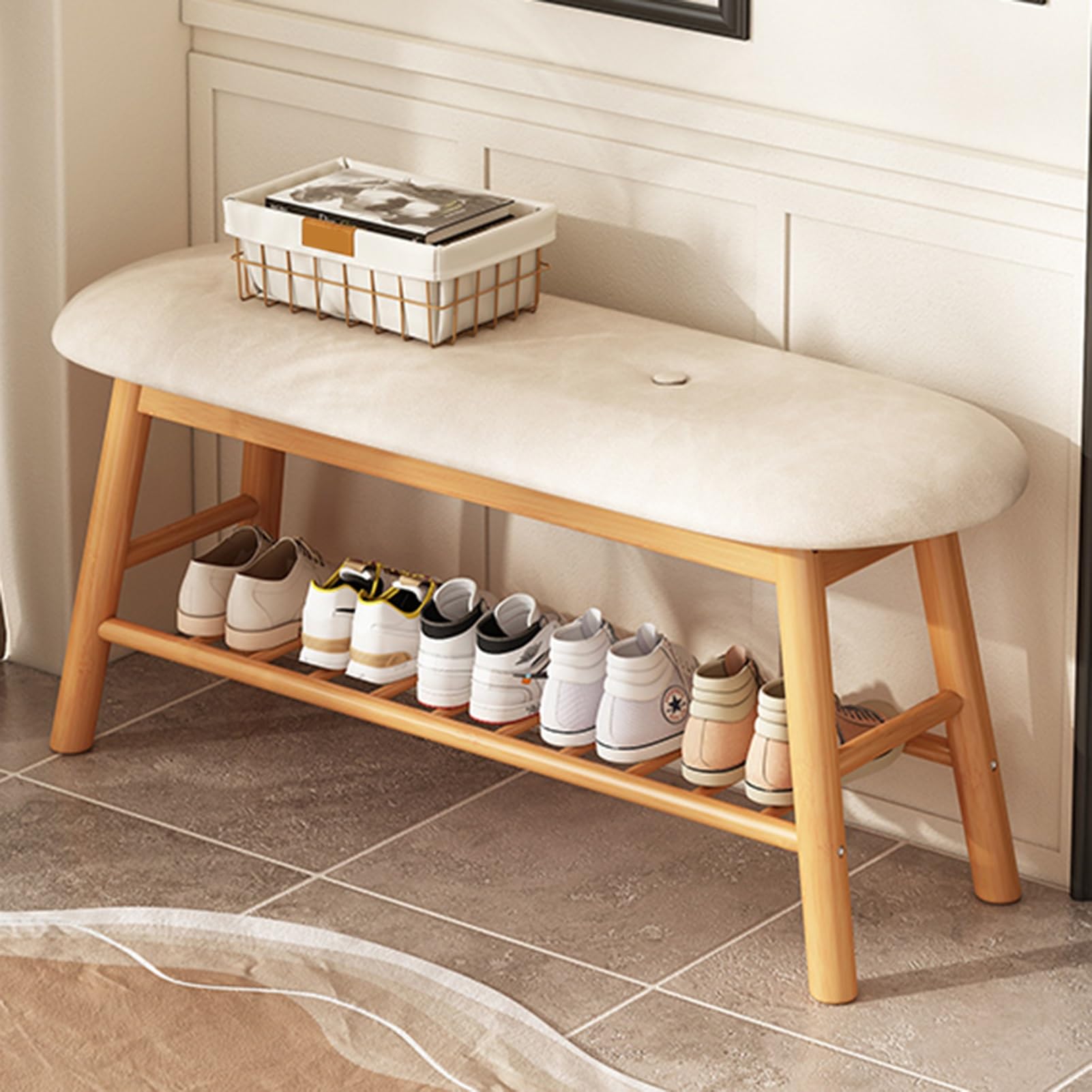 GHFXSCV Farmhouse Style Upholstered Bench Shoe Rack, Space-Saving Entryway Storage Solution for Hallway and Living Room, Stylish nization and Seating