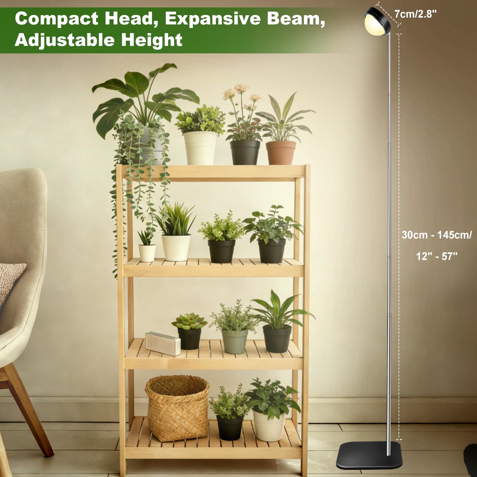 Pflanzenlampe LED Vollspektrum mit Optischer Linse für Hohe PPFD, Höhenverstellbare Grow Lampe mit Standfuß, Grow Light Pflanzenlicht Wachstumslampe mit 6/12/18H Timer für Zimmerpflanzen