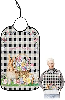 Spring Easter Adult Bibs for Elder Women Men Eating, Black Plaid Colorful Eggs Flower Easter Basket Bunny Waterproof & Washable Bibs for Eating Clothing Protector Dining Bibs for Crumb Catcher