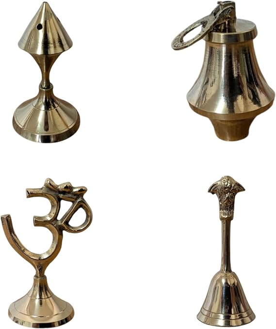 Brass Pooja Set 9 Items with Thali, Ganesh Murti, Om Symbol, Diya, Pooja Bell, Loti, Kunjo, Spoon & Incense Stand for Navratri, Diwali & Daily Puja Rituals