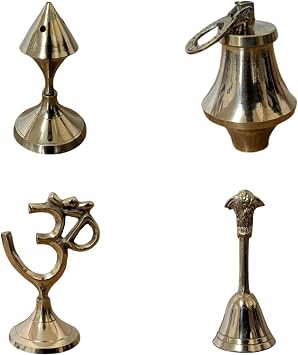 Brass Pooja Set 9 Items with Thali, Ganesh Murti, Om Symbol, Diya, Pooja Bell, Loti, Kunjo, Spoon & Incense Stand for Navratri, Diwali & Daily Puja Rituals