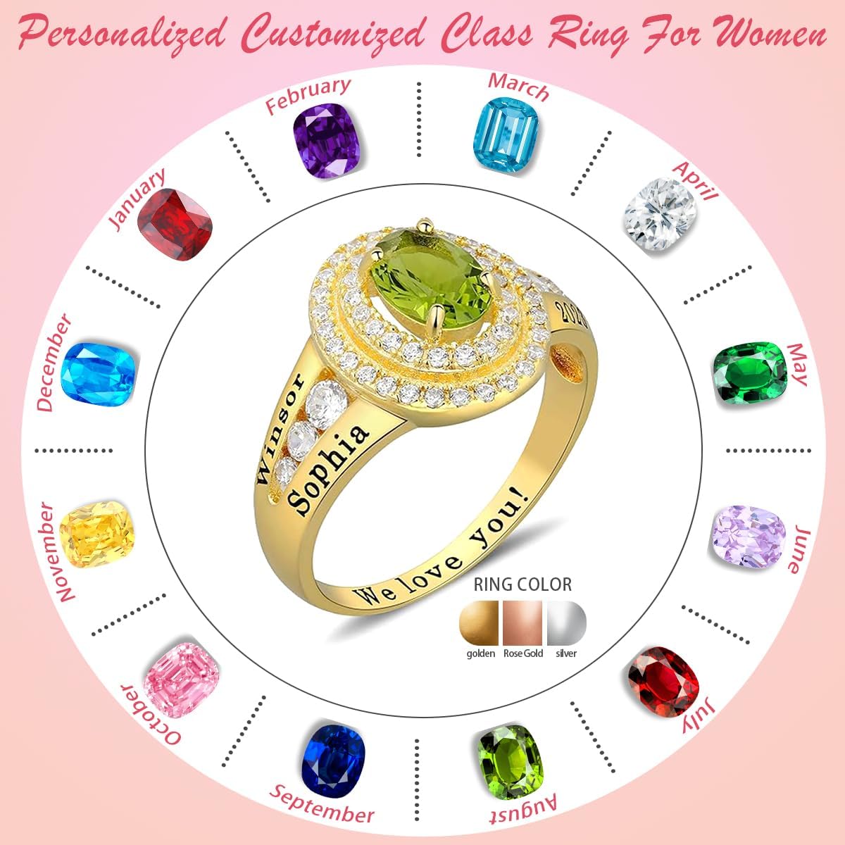 Personalized Custom Class Rings Cubic Zirconia Birthstone Rings Class Rings for Women High School Gold Plated Sterling Silver Rings Women's Class Rings Size 5-15 Graduation Rings for Women