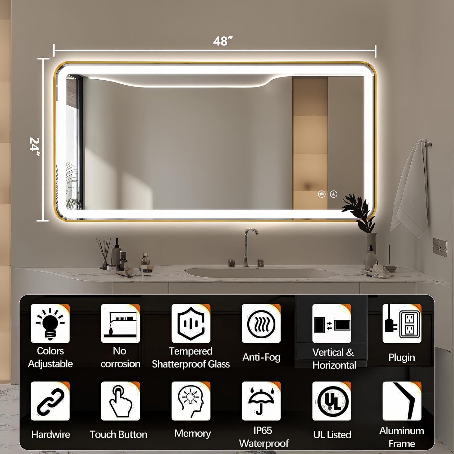 48"x24" Lighted Vanity Mirror with Lights, Gold Metal Frame Led Mirror for Bathroom, Anti-Fog Wall Mirror with Front and Backlit, Shatterproof, 3 Colors Stepless Dimmable, Horizontal/Vertical